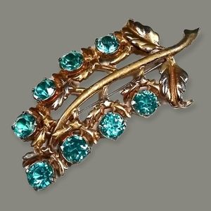 Vintage Aquamarine Crystal Leaf Brooch Pin